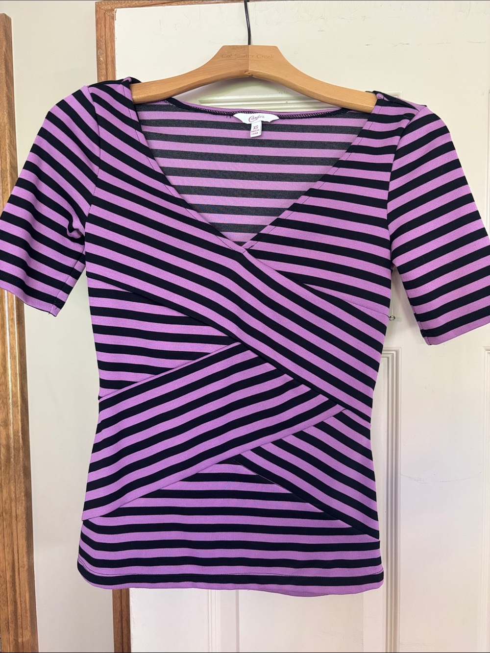 Candies Purple and Black Striped Short Sleeve Wrap Top